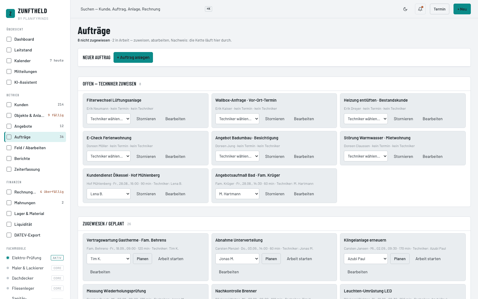 Auftrags-Workflow in Zunftheld: offene Aufträge mit Techniker-Zuweisung, zugewiesene und laufende Aufträge mit Aktionen wie „Arbeit starten“ und „Abschließen“.